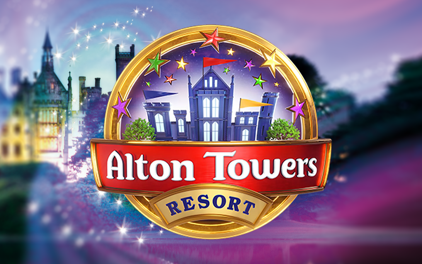 Blurred image of The Towers with magical swirls superimposed with Alton Towers Resort logo.