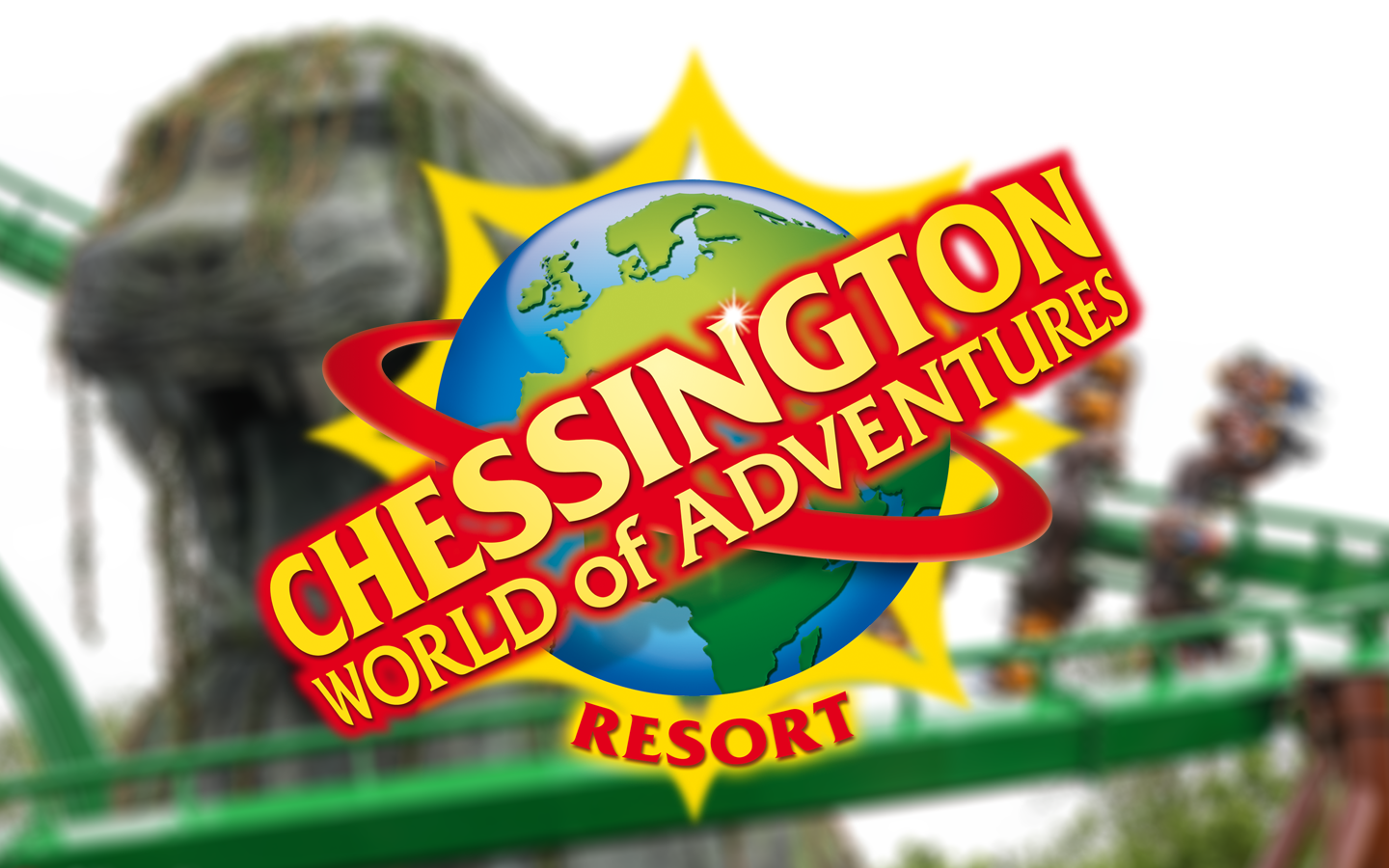 Blurred image of Mandrill Mayhem superimposed with Chessington World of Adventures Resort logo.